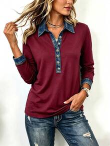 EMERY ROSE Casual Design Denim Effect Color Block Patchwork Polo Collar Women's Long Sleeve Top, Suitable For Daily Wear Brunch, Shopping, Dating, Burgundy Autumn - Multicolor - View 6