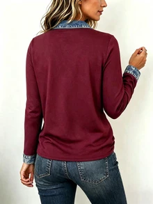EMERY ROSE Casual Design Denim Effect Color Block Patchwork Polo Collar Women's Long Sleeve Top, Suitable For Daily Wear Brunch, Shopping, Dating, Burgundy Autumn - Multicolor - View 2