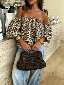 Cévolie Plus Size Women's Off-Shoulder Leopard Print Fashion Versatile Daily Casual Top - Multicolor - View 4