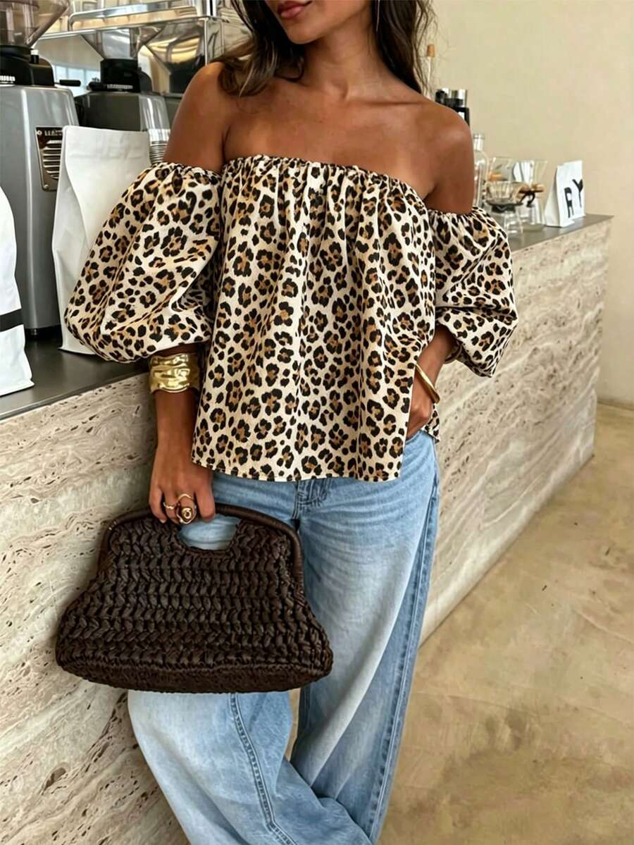 Cévolie Plus Size Women's Off-Shoulder Leopard Print Fashion Versatile Daily Casual Top
