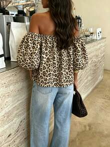 Cévolie Plus Size Women's Off-Shoulder Leopard Print Fashion Versatile Daily Casual Top - Multicolor - View 3