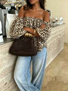 Cévolie Plus Size Women's Off-Shoulder Leopard Print Fashion Versatile Daily Casual Top - Multicolor - View 5
