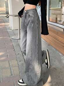 DAZY Women's Casual Washed Wide-Leg Jeans Cute Tops - Grey - View 3