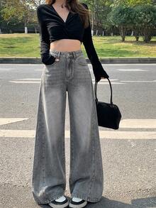 DAZY Women's Casual Washed Wide-Leg Jeans Cute Tops - Grey - View 5