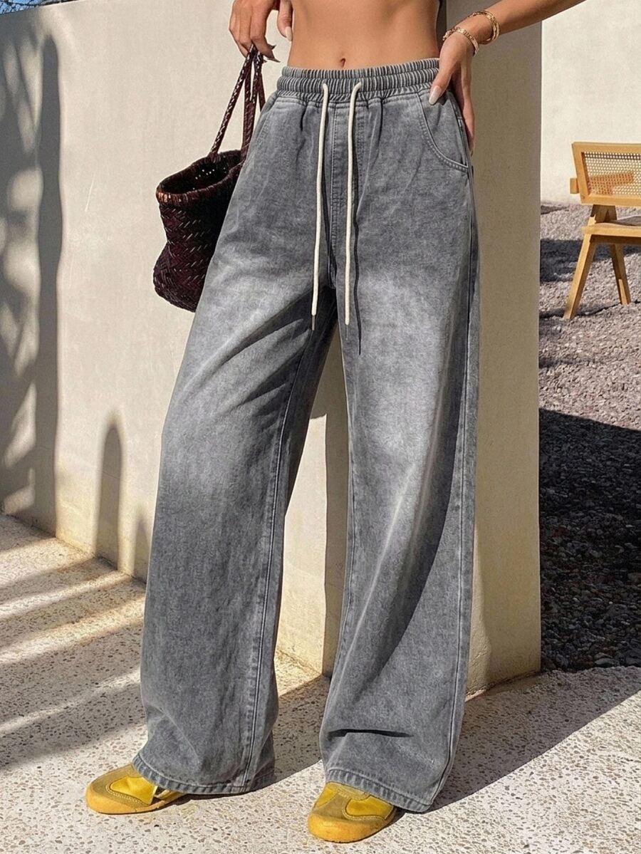 DAZY Women's Drawstring Waist Casual Versatile Daily Wear Wide Leg Jeans Cute Tops - Grey - View 1