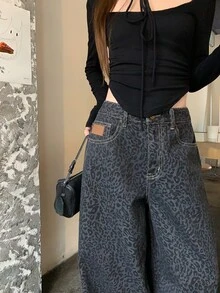 DAZY Women's Leopard Print Pocket Wide Leg Loose Casual Jeans Summer Cute Tops - Grey - View 5