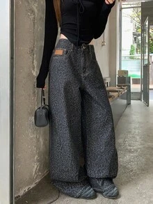 DAZY Women's Leopard Print Pocket Wide Leg Loose Casual Jeans Summer Cute Tops - Grey - View 2