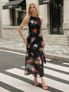 Pariaura 歐美風春夏新款時尚百搭數位雪紡印花收腰喇叭裙優雅度假經典女款長洋裝 - 彩色 - 查看 2