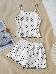 SHEIN 女童波點圖案休閒極簡風細肩帶上衣與短褲套裝，修身居家服，適合夏季 - 白色 - 查看 1