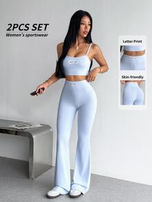 Dewbera Dewbera Women's Letter Print Camisole Tank Top And Flare Pants Sports Set - Baby Blue - View 1