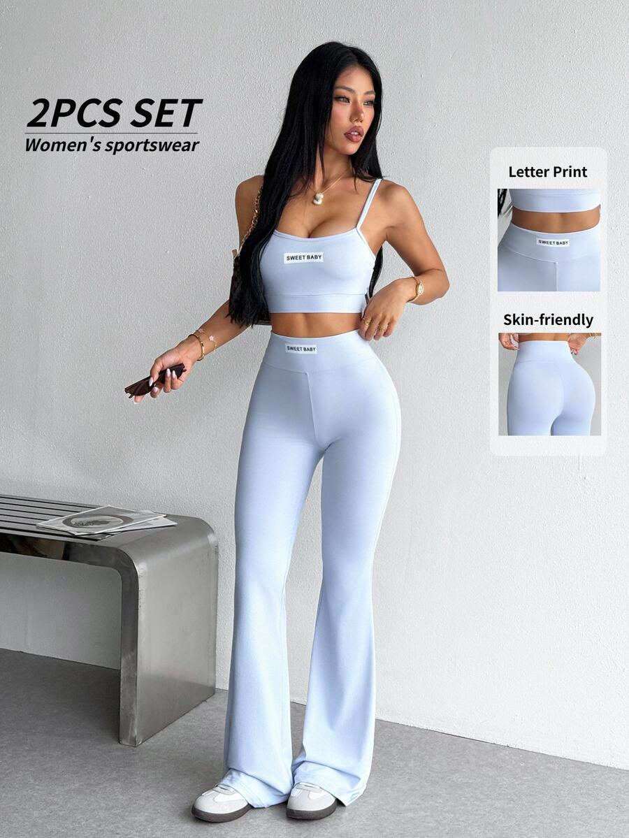 Dewbera Dewbera Women's Letter Print Camisole Tank Top And Flare Pants Sports Set - Baby Blue - View 1