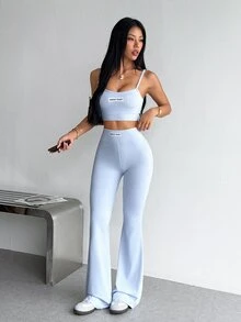 Dewbera Dewbera Women's Letter Print Camisole Tank Top And Flare Pants Sports Set - Baby Blue - View 3