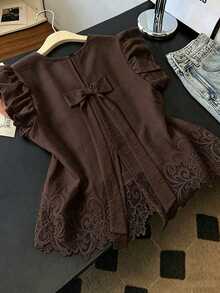 GlowEve CURVE Plus Size Woven Plain Color Fashionable Daily Casual Patchwork Lace Summer Resort Commuting Women's Shirt - Coffee Brown - View 5
