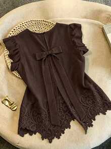 GlowEve CURVE Plus Size Woven Plain Color Fashionable Daily Casual Patchwork Lace Summer Resort Commuting Women's Shirt - Coffee Brown - View 1