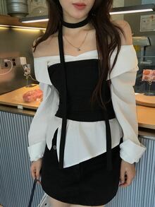 DAZY Women's Contrast Color Tie-Front Long Sleeve Shirt With Collar Fall - Black and White - View 8