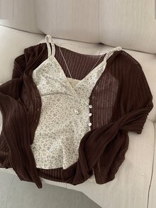 DAZY Women's Camisole All-Over Floral Print Casual Korean Style Girl Thin Cardigan Fall - Coffee Brown - View 1