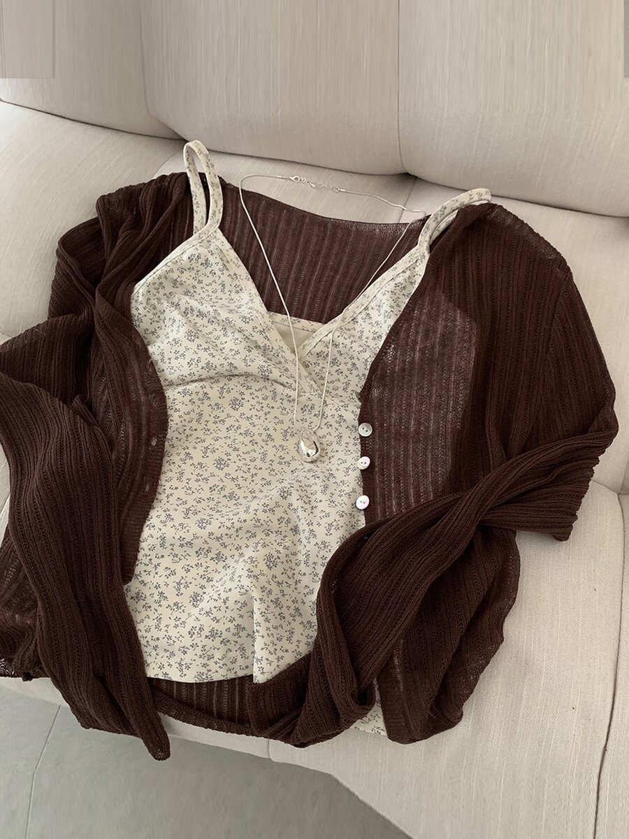 DAZY Women's Camisole All-Over Floral Print Casual Korean Style Girl Thin Cardigan Fall - Coffee Brown - View 1