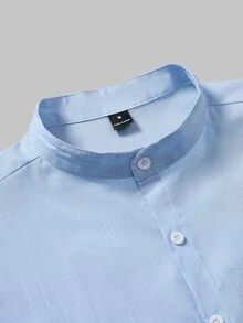Manfinity Homme Men's Traceable Skin-Friendly Soft Bamboo Cotton Stand Collar Shirt And Pants Set - Blue - View 6