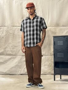 Men's Casual Plaid Front Button Short Sleeve Shirt, Suitable For Daily Wear, Fall,Casual Cotton Shirt,Gift For Him - Black and White - View 6