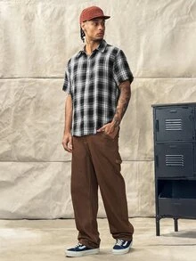 Men's Casual Plaid Front Button Short Sleeve Shirt, Suitable For Daily Wear, Fall,Casual Cotton Shirt,Gift For Him - Black and White - View 5