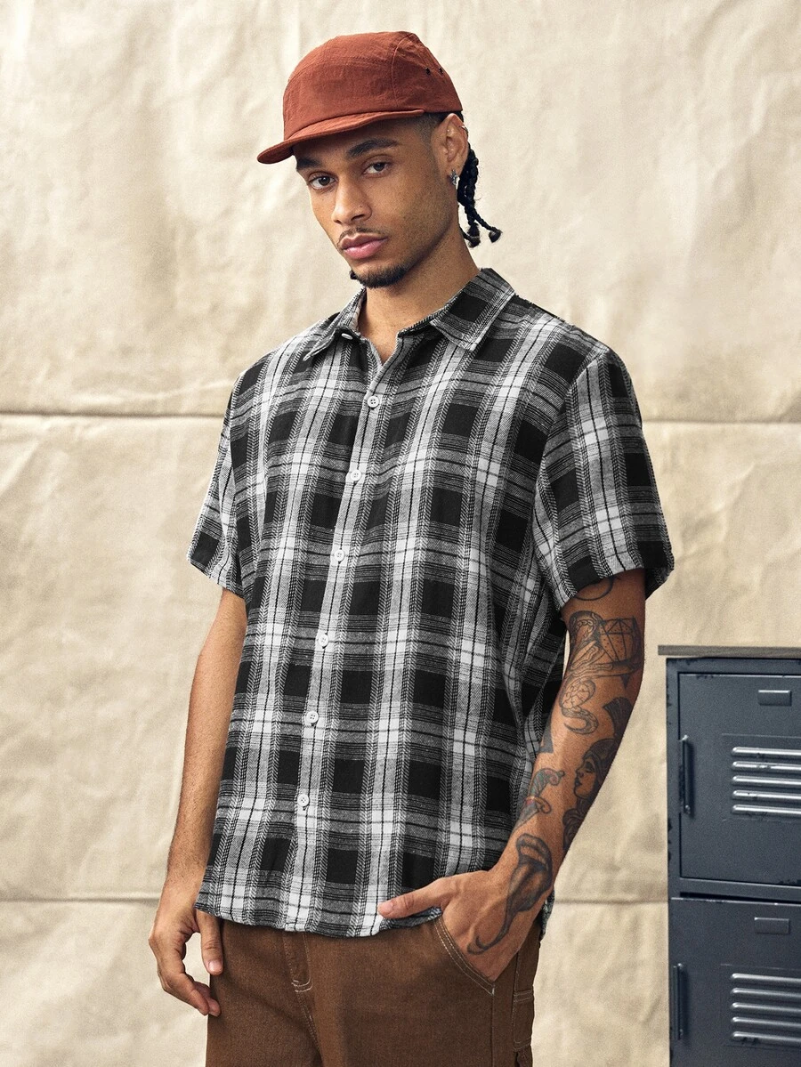 Men's Casual Plaid Front Button Short Sleeve Shirt, Suitable For Daily Wear, Fall,Casual Cotton Shirt,Gift For Him - Black and White - View 1