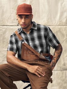 Men's Casual Plaid Front Button Short Sleeve Shirt, Suitable For Daily Wear, Fall,Casual Cotton Shirt,Gift For Him - Black and White - View 7