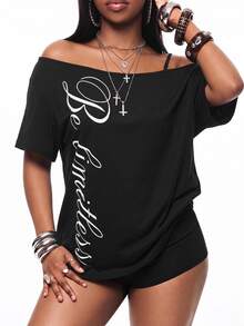 Vadaroq Women's Sexy Streetwear Letter Print Asymmetric Neck T-Shirt For Dating - Black - View 5