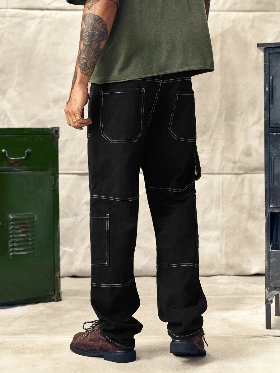 Norleigh Men Cotton Contrast Topstitching Pocket Patched Jeans Going Out Vacation Work College, Grunge - Black - View 1