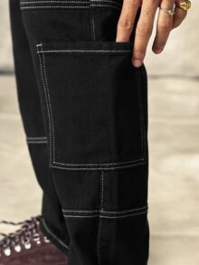 Norleigh Men Cotton Contrast Topstitching Pocket Patched Jeans Going Out Vacation Work College, Grunge - Black - View 7