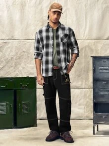Norleigh Men Cotton Contrast Topstitching Pocket Patched Jeans Going Out Vacation Work College, Grunge - Black - View 3