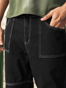 Norleigh Men Cotton Contrast Topstitching Pocket Patched Jeans Going Out Vacation Work College, Grunge - Black - View 6