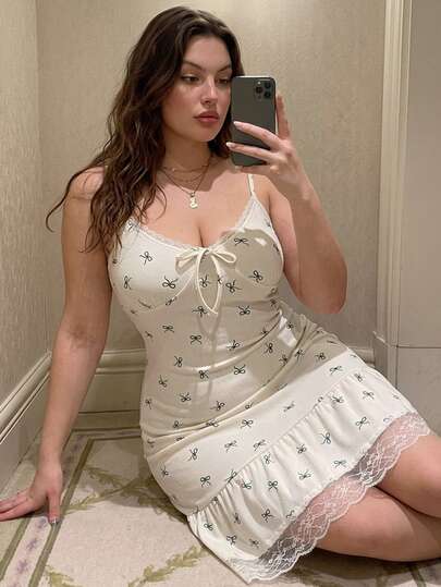 Dazy Plus Bowknot Print All-Over Floral Elegant Sexy Contrast Lace Short Nightgown