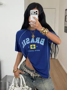Coolane Women's Street-Style Y2K Cool Event Letter Printed Color-Blocked Short Sleeve Black T-Shirt - Royal Blue - View 6