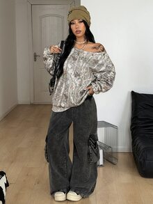 Coolane 女款秋冬街頭風 Y2K 時尚復古休閒外出穿搭 樹枝圖案 穿孔眼扣 軍綠色 寬鬆露肩衛衣 - 黑色 - 查看 3