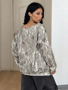 Coolane 女款秋冬街頭風 Y2K 時尚復古休閒外出穿搭 樹枝圖案 穿孔眼扣 軍綠色 寬鬆露肩衛衣 - 黑色 - 查看 7