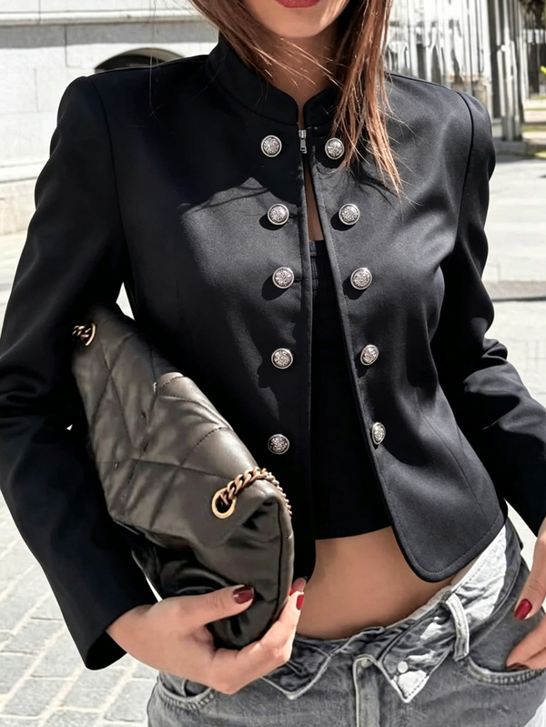 SHEIN Jaket Pendek Wanita Hitam Gaya Napoleon 2026, Kerah Berdiri Cina, Kancing Perak Timbul Kasual Vintage Kancing Ganda, Blazer Potongan Ramping