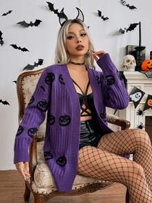 SHEIN ChicEase 女款卡通圖案休閒日常外出開襟衫 - 紫色 - 查看 4