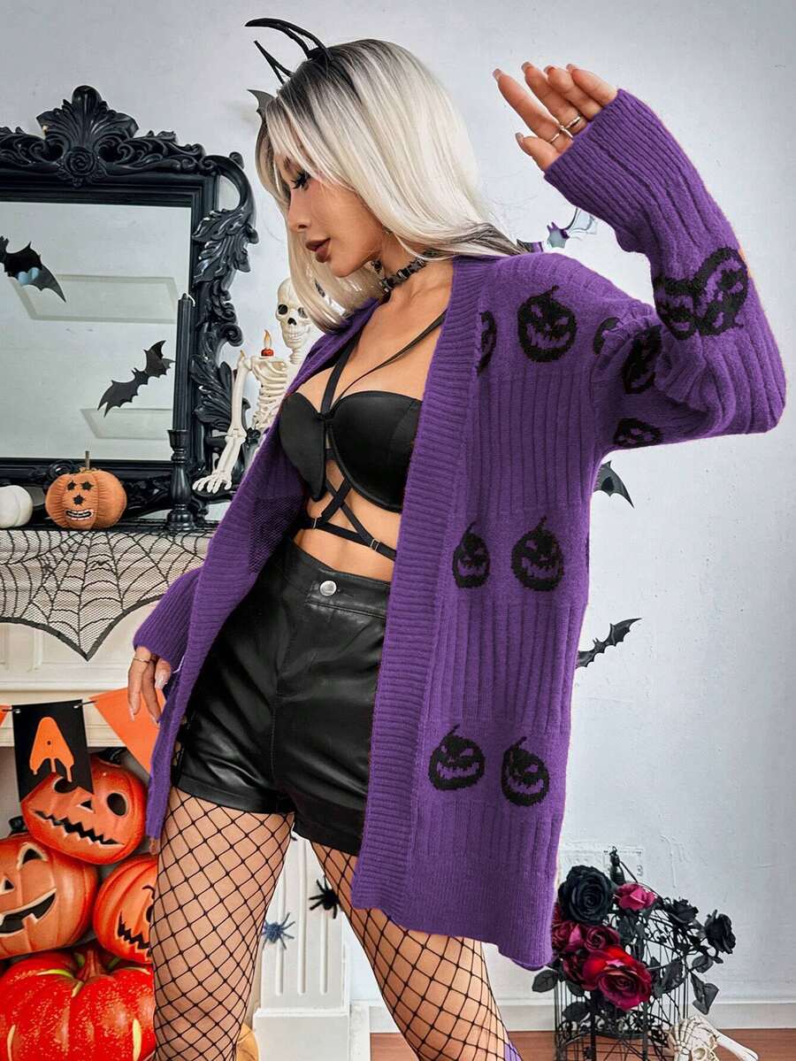 SHEIN ChicEase 女款卡通圖案休閒日常外出開襟衫 - 紫色 - 查看 1