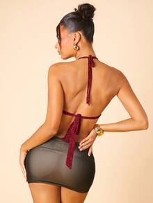 Hauture Solid Color Ring Decor Draped Halter Backless Sexy Camisole - Red - View 2