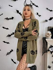 SHEIN ChicEase 女款卡通圖案休閒日常穿搭開襟衫 - 軍綠色 - 查看 4