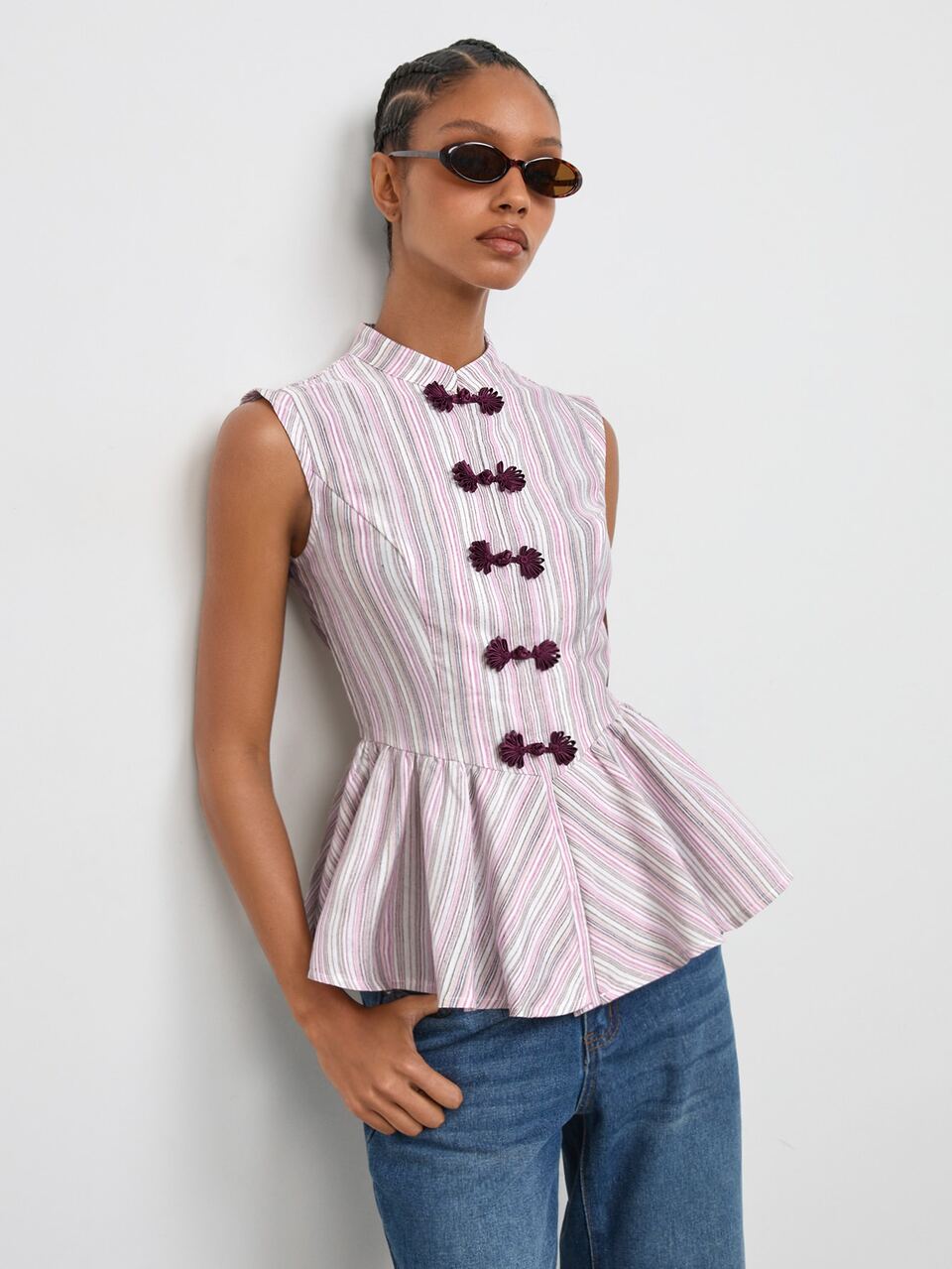 SHEIN Maija Purple And White Striped Women's Sleeveless Shirt, Autumn Ruffled Hem, New Chinese Style Frog Button, Urban Casual