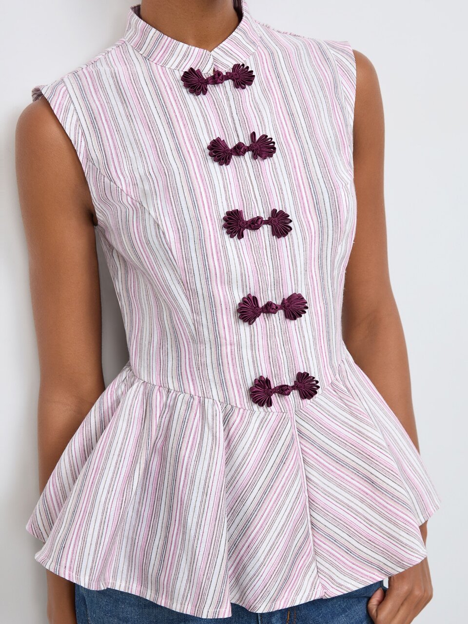 SHEIN Maija Purple And White Striped Women's Sleeveless Shirt, Autumn Ruffled Hem, New Chinese Style Frog Button, Urban Casual