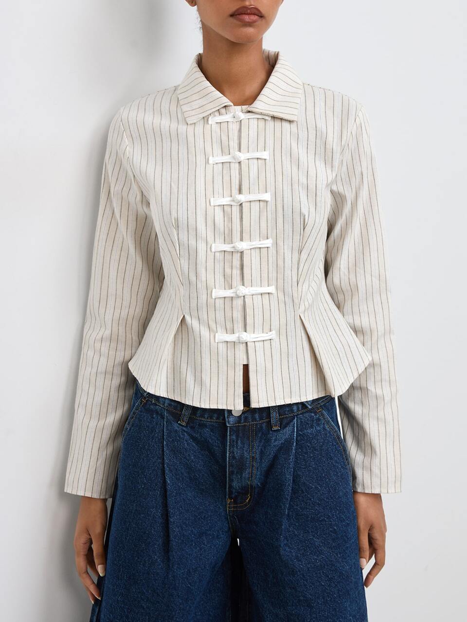 SHEIN Maija Yellow And White Striped Women's Long Sleeve Shirt With New Chinese Style Frog Buttons
