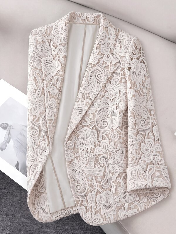 GlowEve CURVE Plus Size Women's Lace Print Single Button Blazer, Summer, Apricot Blazer, Commute, Social Top/Office Top, Business Formal, Vacation, Social Top