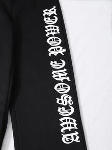 SHEIN 青少年女孩秋季字母印花針織運動套裝，短版連帽衛衣搭配寬腿運動長褲，黑色秋冬穿搭，酷感休閒風 - 黑色 - 查看 6