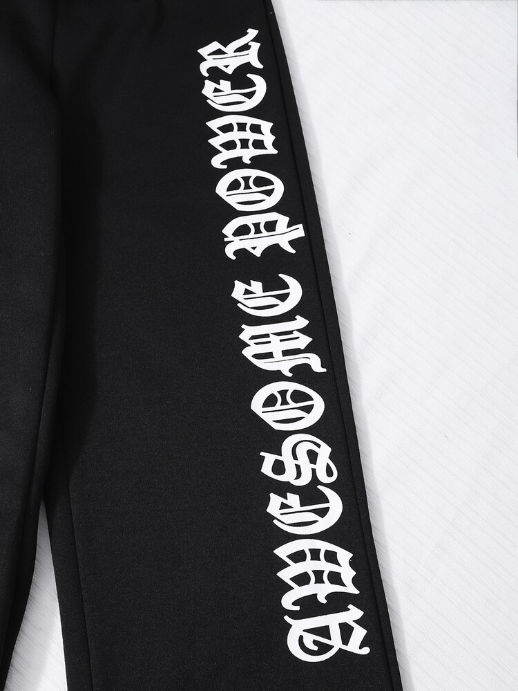 SHEIN Teen Girls Fall Outfits Letter Print Knit Sports Set, Cropped Hoodie With Wide Leg Sweatpants, Black Autumn/Winter Outfit, Cool Casual Style - Black - View 6