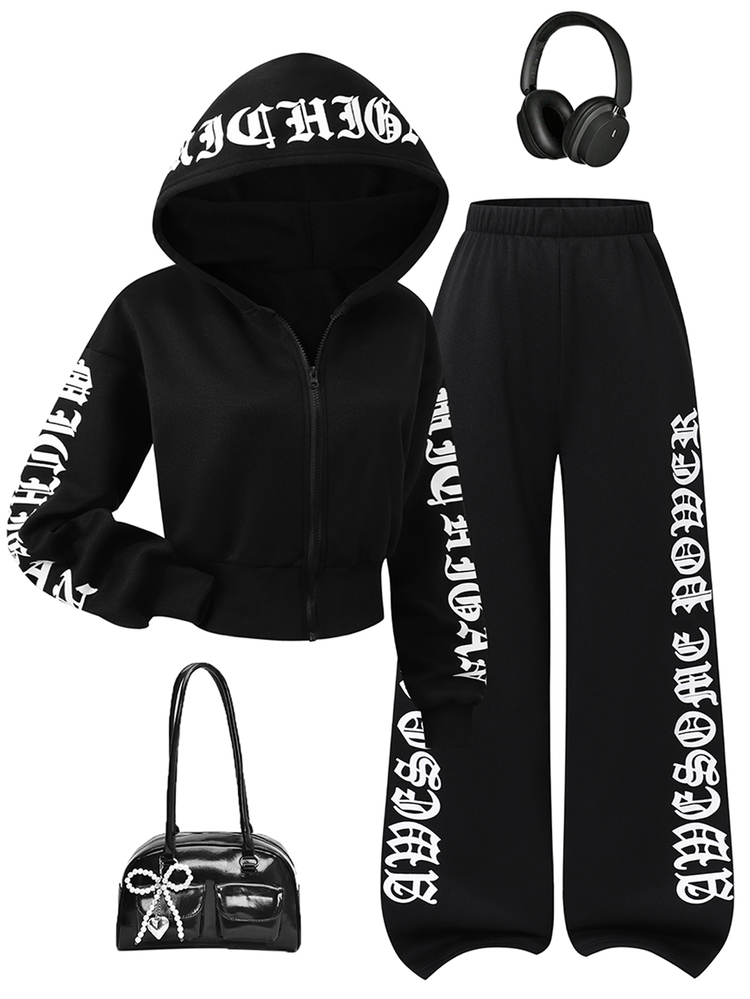 SHEIN Teen Girls Fall Outfits Letter Print Knit Sports Set, Cropped Hoodie With Wide Leg Sweatpants, Black Autumn/Winter Outfit, Cool Casual Style - Black - View 4