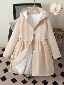 女童大童秋冬加厚保暖休閒百搭日常公主領收腰人造毛內裡中長版大衣 - 卡其色 - 查看 2