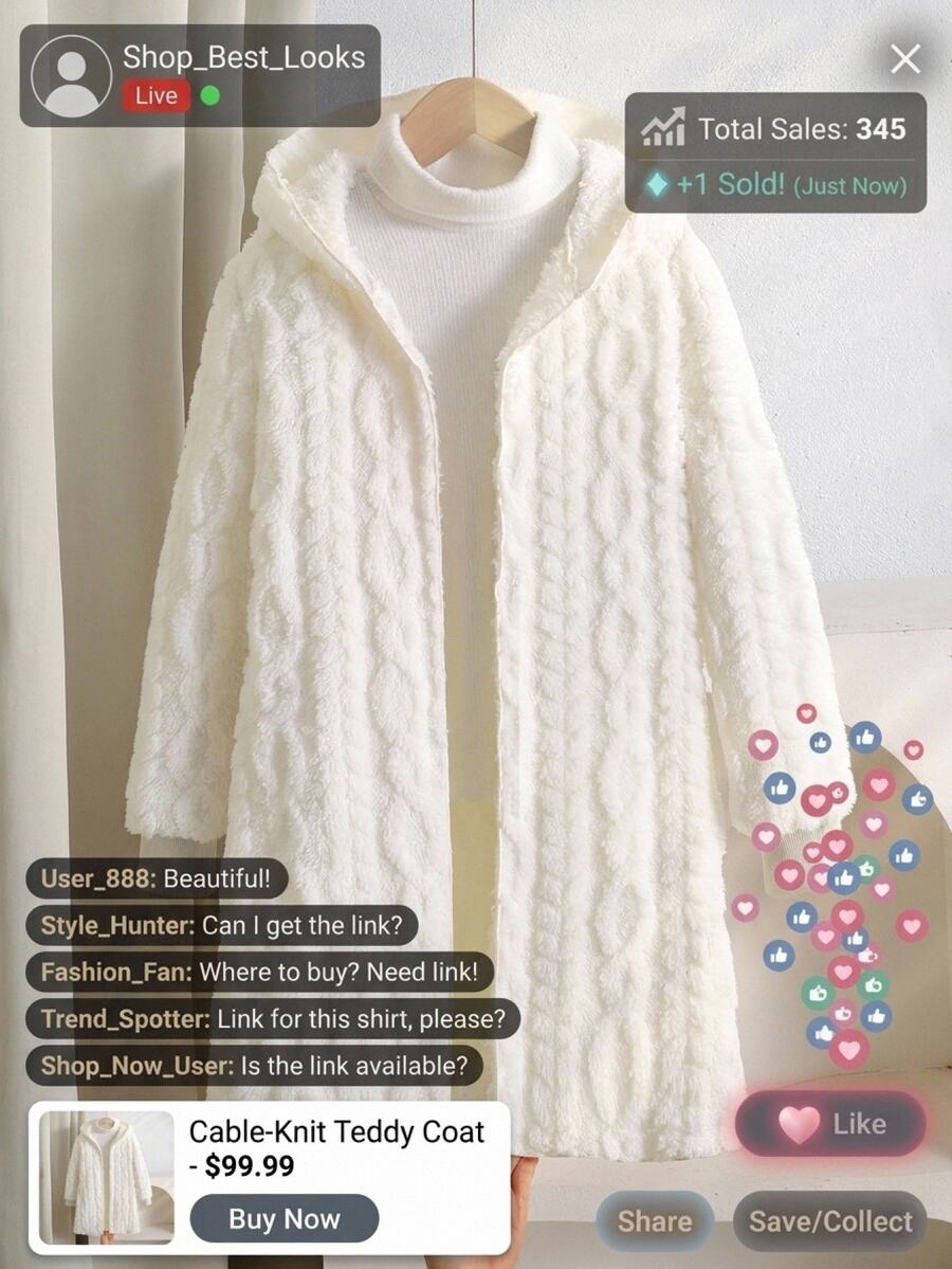 SHEIN Tween女孩 絨毛麥穗花紋簡約舒適百搭日常絨毛外套 秋冬款 - 白色 - 查看 1