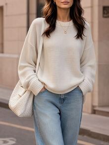 Balvessa Loose Round-Neck Lantern Sleeveharmony Drop Shoulderknitted Sweater - Cream - View 3